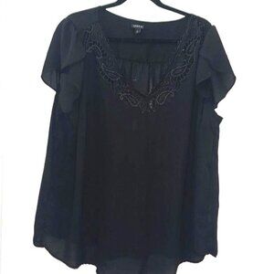 Torrid Plus Size 2 Black Sheer Blouse With Embroidered Neckline
